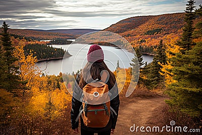 Back view of young woman with backpack hiking in autumn forest with lake in background, Autumn nature hiker girl walking in Stock Photo