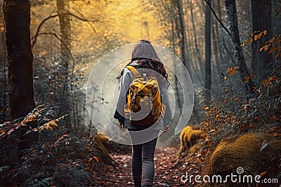 Back view of a young woman with backpack walking through autumn forest. Hiking. Generative AI Cartoon Illustration