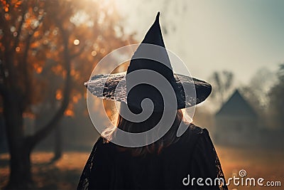 Back view of young woman Halloween witch costume Stock Photo