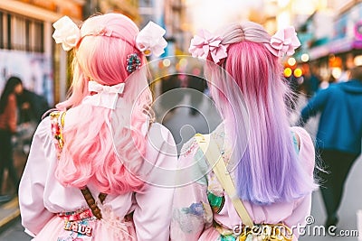 Back view of young woman in Japanese Harajuku street fashion style with pastel colored hair and cute clothes Cartoon Illustration