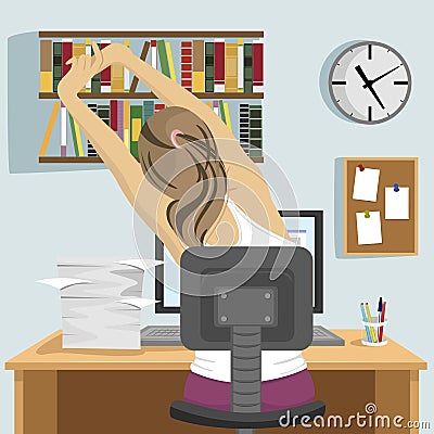 Back view of young woman sitting and stretching on workplace in office or at home Vector Illustration