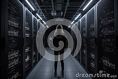 Back view of a young woman standing in the server room with rows of server racks, A woman server engineer full rear view with a Stock Photo