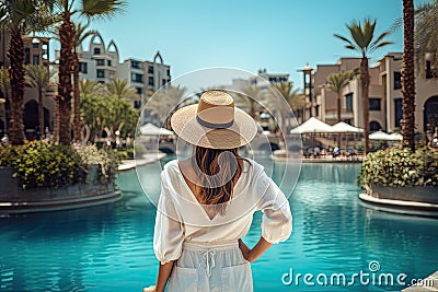 Back view of young woman in white dress and straw hat standing by swimming pool at luxury resort, Happy tourist girl rear view Stock Photo