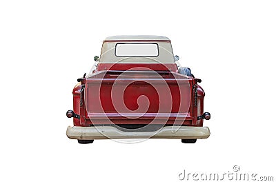 The back of a vintage red pickup truck,isolated on white background with clipping path Stock Photo