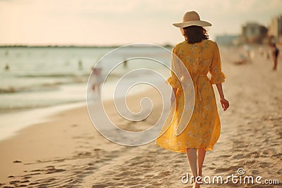 beautiful woman beach sea slim fashion dress person hippie summer lifestyle. Generative AI. Stock Photo