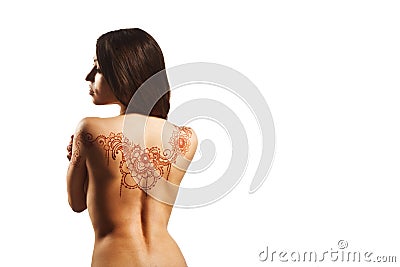 Back of young girl with henna mehendi Stock Photo