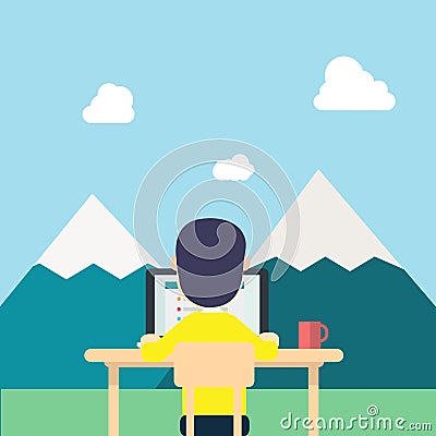 Back Young man yellow shirt work around nature Vector Illustration