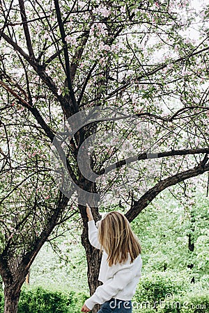 Back of a young woman in spring park. Spring day. Sakura. Summer vacation. Lifestyle Stock Photo