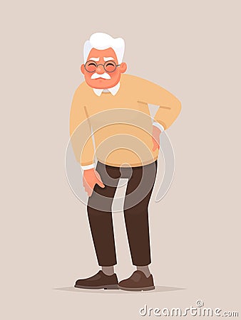 Backache. Grandfather is holding his back. Rheumatism Cartoon Illustration