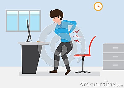 Back pain. Be patient. Male character. Back pain. Muscle pain or injury, care, office syndrome Vector Illustration