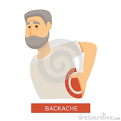 Backache symptom concept with old person touching his back in pain Vector Illustration