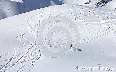 Backcountry snowboarder riding fresh powder Stock Photo