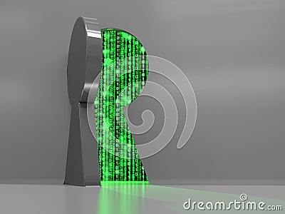 Backdoor cybersecurity concept open keyhole revealing datastream Cartoon Illustration