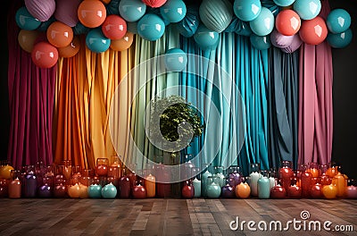 backdrop. Colored balloons in the backdrop of the curtain. 3d rendering. ia generative Stock Photo