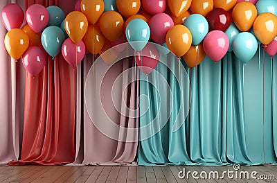 backdrop. Colored balloons in the backdrop of the curtain. 3d rendering. ia generative Stock Photo
