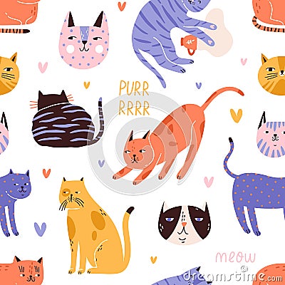 Backdrop with cute, funny cat head, muzzle, face, hearts and purr, meow text. Seamless repeatable pattern with colorful Vector Illustration