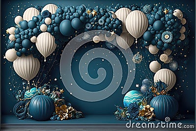 A mesmerizing spiral blue ballons garland galaxy, aniversary, smash cake fantasy backdrop Stock Photo