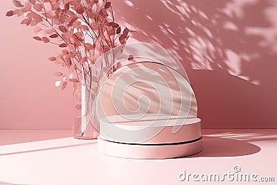 backdrop splay product cosmetic beauty luxury background wall pink shadow leaf sunlight dappled twig tree brown counter table Stock Photo