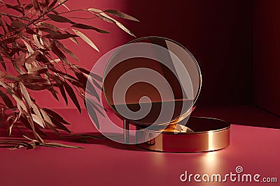 backdrop splay product cosmetic beauty luxury background wall red maroon matte shadow leaf bamboo sunlight dappled counter table Stock Photo