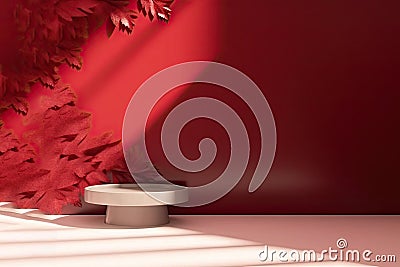 backdrop splay product cosmetic beauty valentine year new chinese luxury background wall red shadow leaf sunlight dappled top Stock Photo