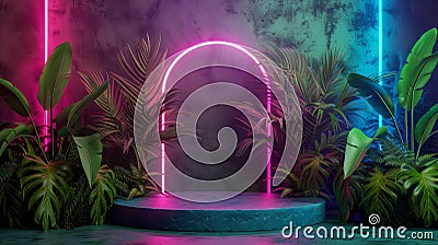 Backdrop for summer podium with tropical leaves and neon lights. 3D rendering. Stock Photo