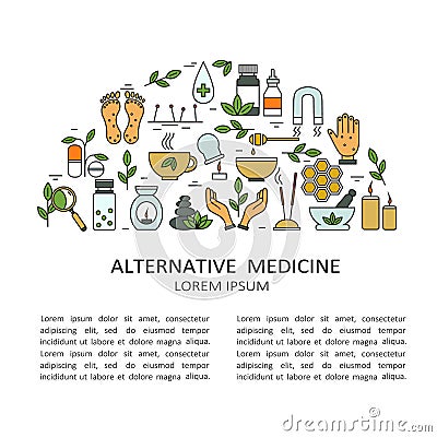 Backdrop with symbols of alternative medicine and text Vector Illustration