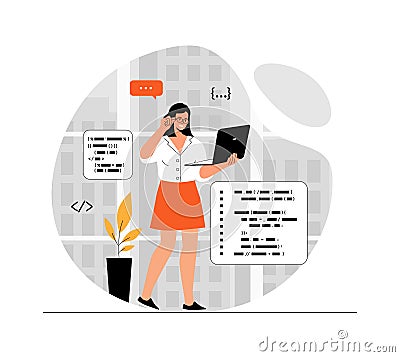 Backend development coding and programming software. Woman working with program code, fixing bugs Vector Illustration