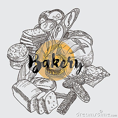 Backery set with different types of bread and lettering Cartoon Illustration