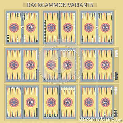 Backgammon on the wooden box, board with two kind of dice and chips. Backgammon variants. Vector Illustration