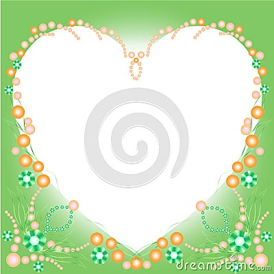 Green background, for postcards, with pearls, beads, emeralds, stone flowers, heart Cartoon Illustration