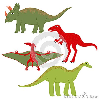 Collection set of dinosaurs isolated on white background. Funny triceratop, tyrannosaur, pterodactyl, titanosaur. Vector Illustration
