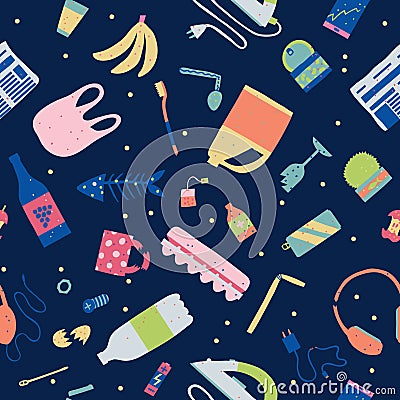 Seamless pattern with unsorted waste on dark background. Environmental pollution concept. Vector Illustration
