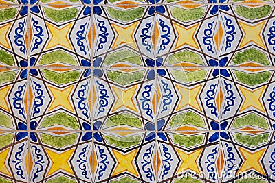 close up of historical vibrant multicolor ceramic tiles with geometric decorative patterns floor background Stock Photo