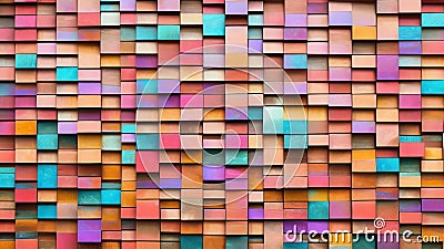 Background of an abstract block stack on a wall with a wood-aged art architecture texture and a colorful abstract wood texture. Stock Photo