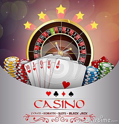 Background abstract brown with casino roulette wheel, and playing cards and chips Vector Illustration