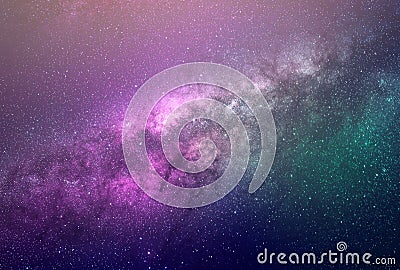 Background of abstract galaxies with stars and planets with galaxy motifs in purple and green space of night light universe Stock Photo