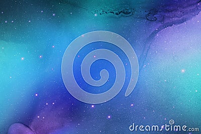 Background of abstract galaxies with stars and planets with green and blue sky motifs of the night light universe Stock Photo