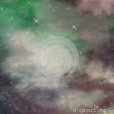 Background of abstract galaxies with stars and planets with green and red smoke motifs of the universe night light space Stock Photo