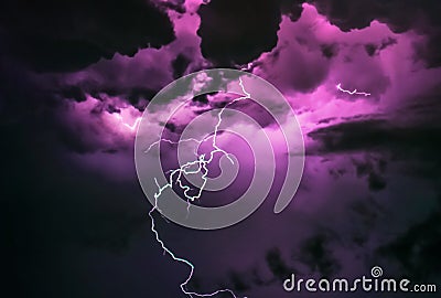 Background of abstract galaxies with stars and planets with purple lightning and black clouds of the universe night light space Stock Photo