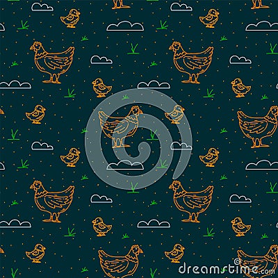 The background is agricultural with a bird. Textiles with livestock on the farm. Chicken with chickens in the doodle Vector Illustration