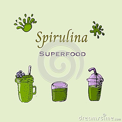 Background of algae drinks in hand drawn sketch Vector Illustration