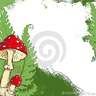 Background with amanita mushroom frame and fern leaves Vector Illustration