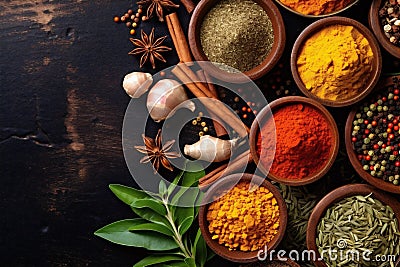 background asian herb dry cooking ingredient spice indian powder seasoning food. Generative AI. Stock Photo