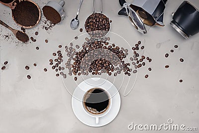 Background with assorted coffee, coffee beans, Cup of black coffee Stock Photo