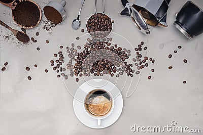 Background with assorted coffee, coffee beans, Cup of black coffee, Coffee maker equipment Stock Photo