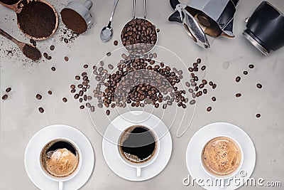 Background with assorted coffee, coffee beans, Cup of black coffee, Coffee maker equipment Editorial Stock Photo