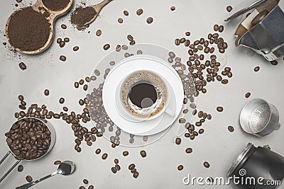 Background with assorted coffee, coffee beans, Cup of black coffee Stock Photo