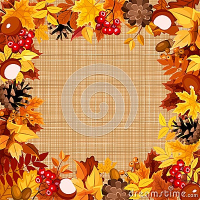 Background with autumn colorful leaves on a sacking fabric. Vector eps-10. Vector Illustration