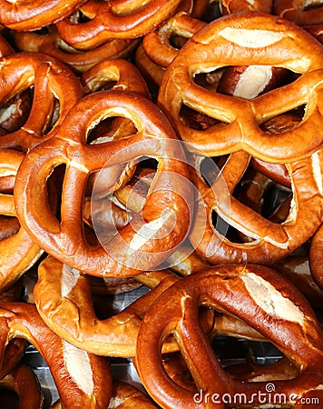 Background of baked pretzels for sale Stock Photo