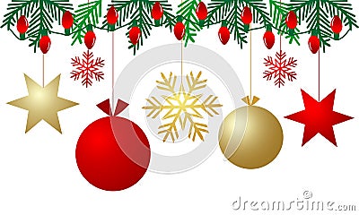 Background with balls, stars and snowflake. Branches christmas tree with holiday lights. Vector Illustration